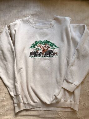 Unisex Off-White Crewneck Sweater with Safari Animals Embroidery